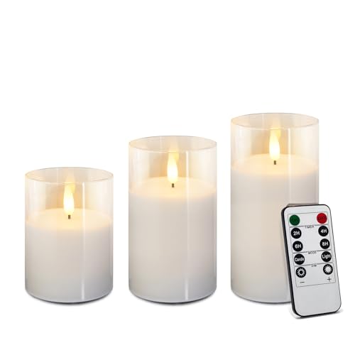 Image of Glass Flameless Candles with Remote Battery Operated Flickering LED Pillar Candles Real Wax Wick Φ 3 inch H 4 inch 5 inch 6 inch (Clear White)