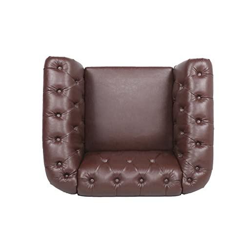 Image of LEVNARY Leather Chesterfield Chair, Mid-Century Modern Single Sofa Chair, Tufted Upholstered Rolled Armchair for Home Bedroom Reading Room (Dark Brown)