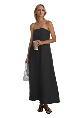 Image of Aesthetic Summer Solid Color Strapless Linen Dress Backless Sleeveless Casual Party Beach Going Out Dresses for Women