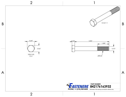 Image of 3 /8-16 x 3 Hex Head Cap Screw Bolts, External Hex Drive, Stainless Steel 304, Partially Threaded, Stainless Steel, Quantity 10