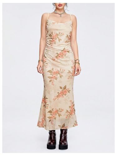 Image of SOLY HUX Women's Floral Mesh Bodycon Cami Dress Cowl Neck Sleeveless Cocktail Party Wedding Guest Long Maxi Dresses