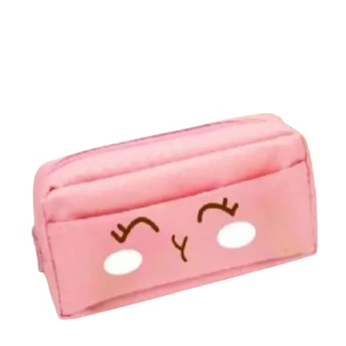 Image of Kawaii Blushing Face Pencil Pouch | Cute Blue Zipper Case for Girls & Kids (Pink)