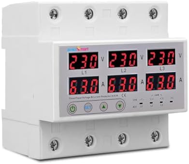 amiciSmart 3-Phase Automatic Over/Under Voltage Protector 63A with Over-Current, Phase-Loss & Phase-Imbalance Protection, Auto-Reconnect and Synchronous & Asynchronous Mode (220VAC, White)
