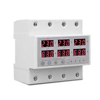 amiciSmart 3-Phase Automatic Over/Under Voltage Protector 63A with Over-Current, Phase-Loss & Phase-Imbalance Protection, Auto-Reconnect and Synchronous & Asynchronous Mode (220VAC, White)