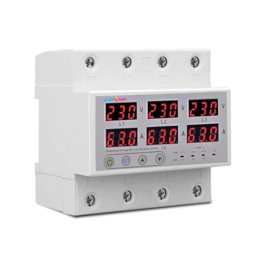 amiciSmart 3-Phase Automatic Over/Under Voltage Protector 63A with Over-Current, Phase-Loss & Phase-Imbalance Protection, Auto-Reconnect and Synchrono