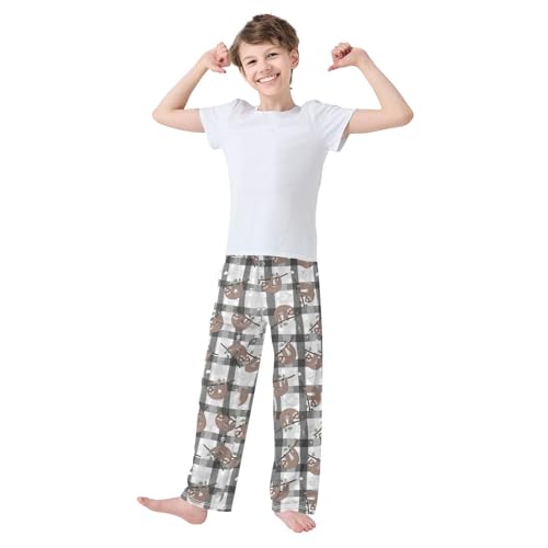 Sloth Plaid Print Boys Long Pants Soft Trousers Elastic Waist Kids Lounge Bottoms with Pockets S-XL2