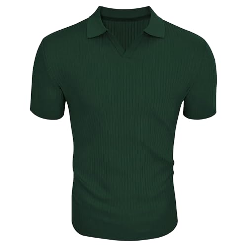 Men Lapel V-Neck Classic Wrinkle Shirts Short Sleeve Slim Fit Polo Shirt Summer Vertical Striped Pullover Tops (Green,XX-Large)