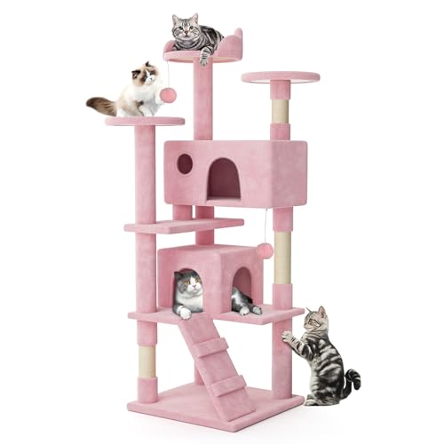 MoNiBloom 60 Inch Cat Tree Tower for Indoor Cats Large Adults, Pink Cat Tower with Scratching Post, Multi-Level Furniture Activity Center with Cat Condo Pet Play House, Soft Pink