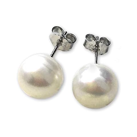 Caprilite 925 Sterling Silver Genuine Cultured Freshwater Pearl Stud Earrings Studs Gift - 10mm Cover