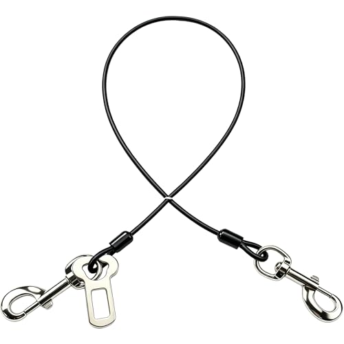 Mi Metty Dog Seat Belt Harness for Car,Dog Seatbelt of Coated Wire Leash Safety Restraint, No Chew Tether Cable Vehicle Dog Accessories, Double Clips & Latch Attachment (Black, 24 Inch/60 Cm)