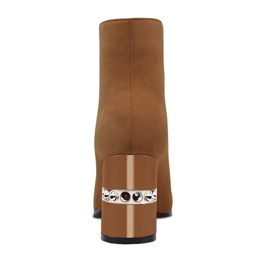 Image of XINIUNIU Women's Ankle Boots Block Chunky Heels Booties Metal Square Toe Suede Front Zipper 3 Inch Short Boot Dress