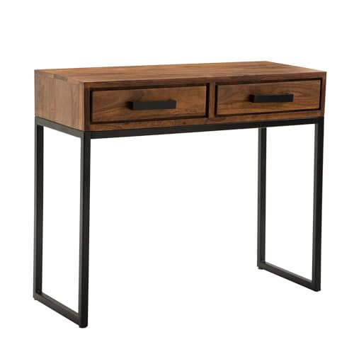FineBuy Konsolentisch Sheesham Massivholz/Metall 90x76x36 cm Flurtisch, Anrichte Wohnzimmertisch Schmal, Design Schreibtisch Modern Braun