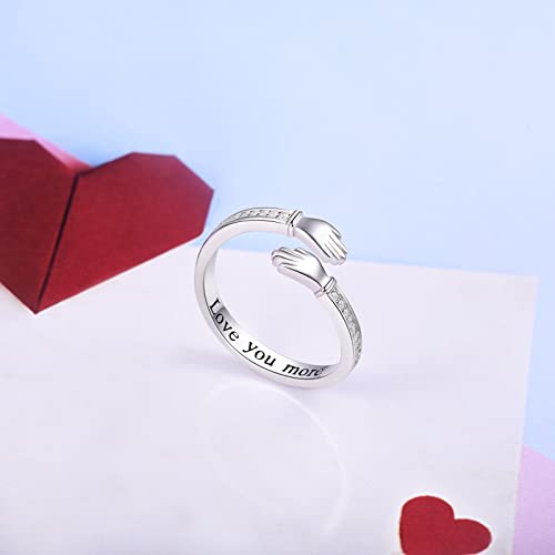S925 Sterling Silver Hug Ring Love You More/Always My Mother Forever My Friend/I Love You Forever Adjustable Hug Rings for Women Silver Hugging Hand Jewelry Open Promise Ring Jewelry Hug Hands Rings Couples Wedding Bands3