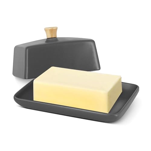 Flexzion Keramische Grau europäische Butterdose mit Deckel für die Arbeitsplatte (20,3 cm) – breite Doppel-Butterdose für 2 Stangen… – Ansicht 1