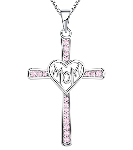 YL Mom Cross Necklace Sterling Silver Mother Pendant Created Pink Tourmaline Crucifix Jewelry for Women