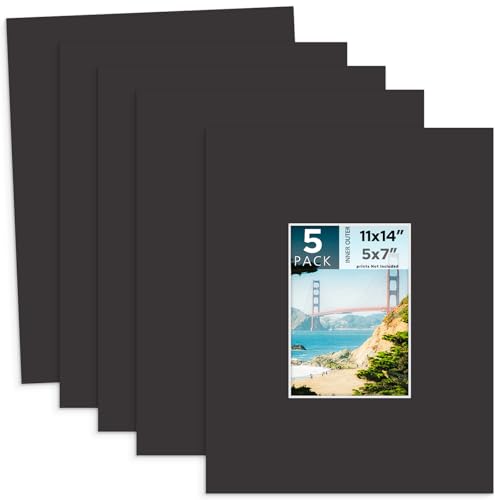 Mat Board Center 5 Pack Acid-Free 11x14 Photo Mat For 5x7 Matte Black