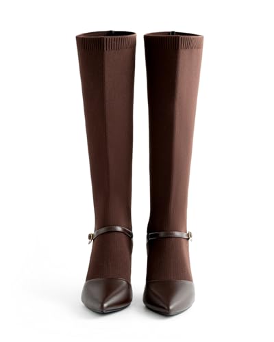 Kitten Heel Knee High Boots for Women Stretchy Knit Sock Booties Knee High Pointed Toe Low Heel Slip On Breathable Buckle Strap Winter Tall Boots4