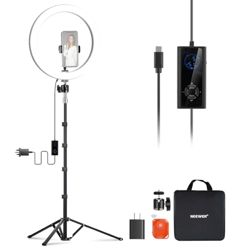 NEEWER 12 24W High Power LED Ring Light with 71 Tripod Stand Phone Holder Compatible with iPhone for Video Recording Makeup Selfie Studio Streaming TikTok Bi Color Ringlight Lighting RH12B