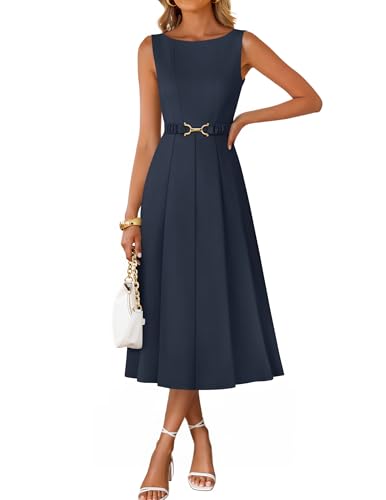 Image of ZESICA Women's Summer Sleeveless 2026 Formal Cocktail Party Midi Dresses | Boat Neck, Flowy A Line Tie Waist, Business Casual Work Office Dressy Outfits, Elegant Beach Wedding Guest Graduation Dress