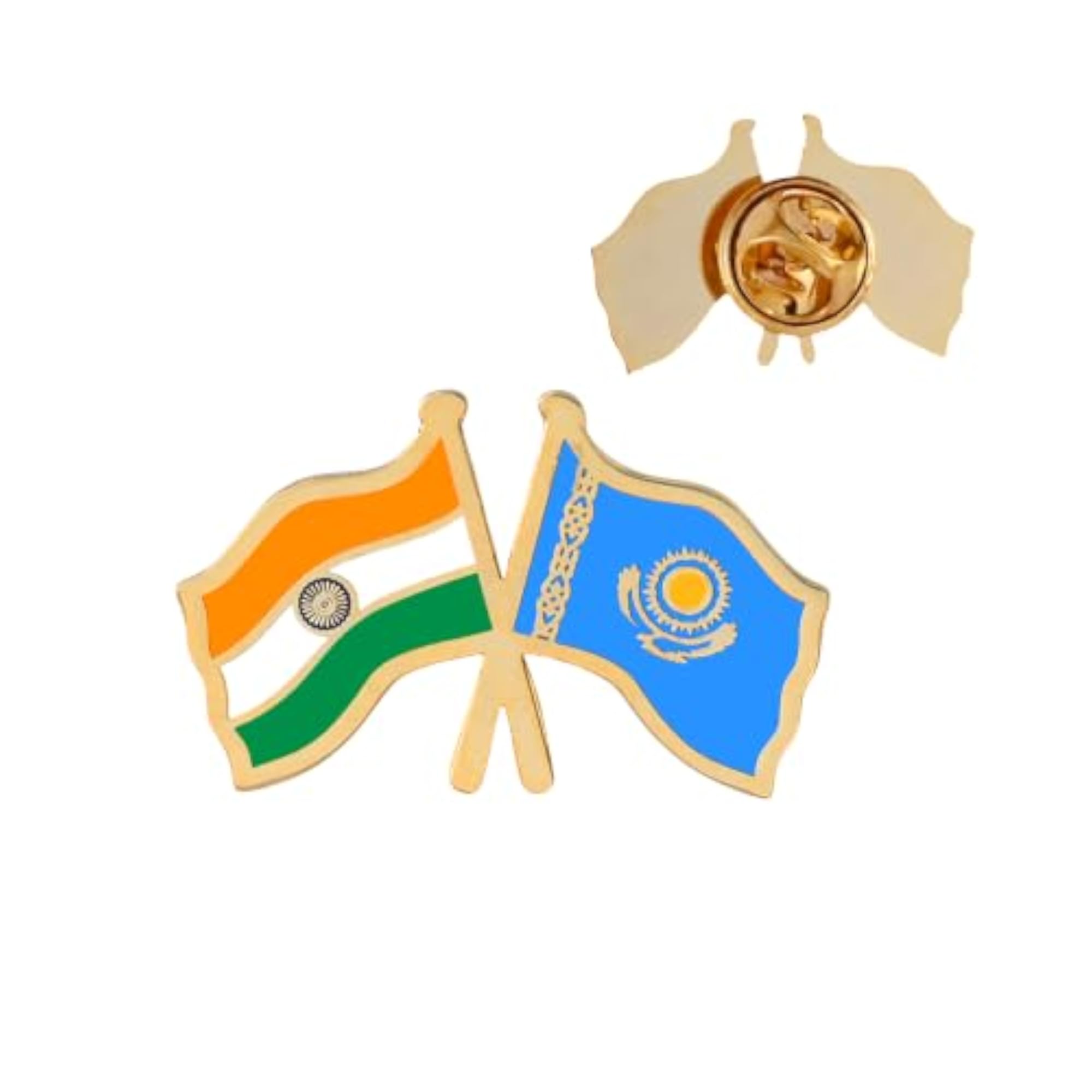 India & Kazakhstan Twin Flag Brass Lapel Pin, Premium Enamel Brooch