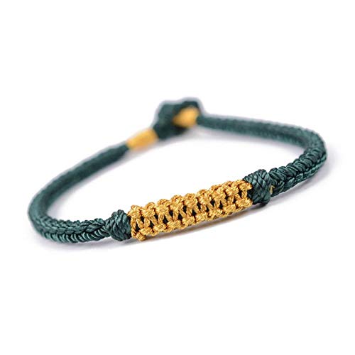Bracelet tissé tibétain fait main en fil vert foncé et nœud carré ethnique chic