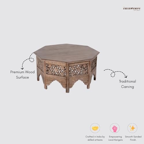 Image of Wooden Coffee Table for Living Room | Solid Wood Handcrafted Center Table for Living Room with Carved Jaali Design | Tea Table for Living Room Wooden Furniture for Home (Brown Antique)