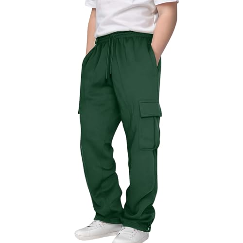 Boys Baggy Cargo Sweatpants Wide Leg Loose High Waist Fall Athletic Joggers Gym Palazzo (Blackish Green, 9-10 Years)