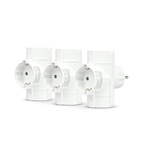 Garza - Pack de 3 Adaptadores Triples Lateral (3 Tomas Schuko) | Ladrón Triple de enchufes con Toma de Tierra | Protección Infantil. Blanco