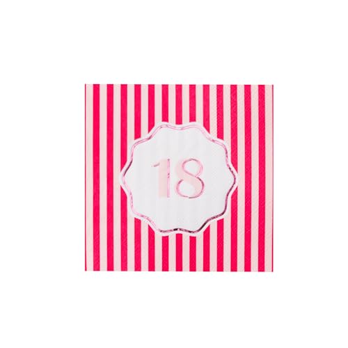 Bonjour Fte 18th Birthday Hot Pink Striped Paper Cocktail Napkins | Premium Party Supplies | Pink Foil Detail | Milestone Celebration Dessert Table & Birthday Party | Pack of 20 5 Folded