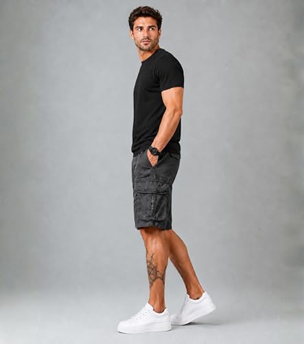 Image of L'MONTE Men's Imported Cotton Casual Relaxed Fit Outwear Cargo Shorts with Expandable Elastic Waist and Multi Pockets