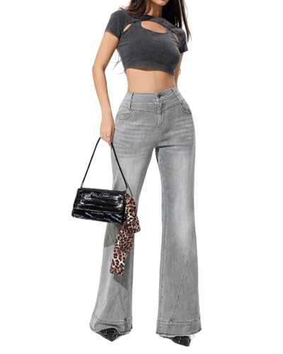 LERK Women High Rise Stretch Flare Bell Bottom Jeans with Pockets3