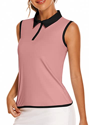 Womens Golf Polo Shirts Sleeveless Tennis Workout Tops Sport Athletic Shirts with Zipper Pink XL
