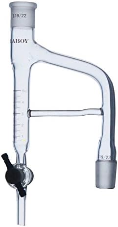 Glass Dean Stark Distillation Receiver Trap, 5mL Graduated, 19/22 Standard Taper Joints, 2mm PTFE Stopcock, Heavy Wall Borosilicate 3.3 for Azeotropic Distillation