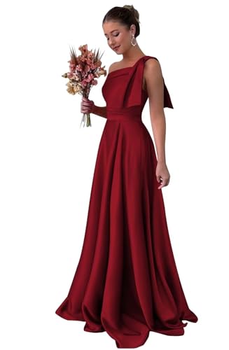One Shoulder Bridesmaid Dresses Ruffles Satin Prom Formal Dress A Line Wedding Party Gowns with Pockets