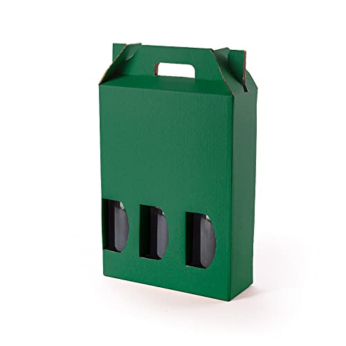 Packung 10 Boxen aus Karton für 3 Flaschen Wein, Sekt, Champagner oder Likör grün, selbstmontierendes Modell mit Fenster für sehr originelle Flaschenverpackung.