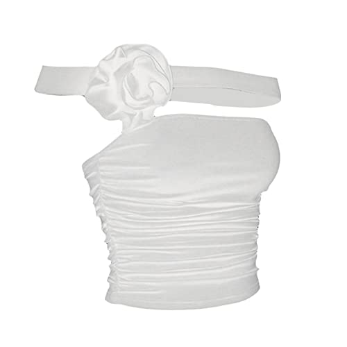 Finegoodwei Top cropped feminino 3D sexy floral borlas babados Y2K slim fit sem mangas camiseta stre