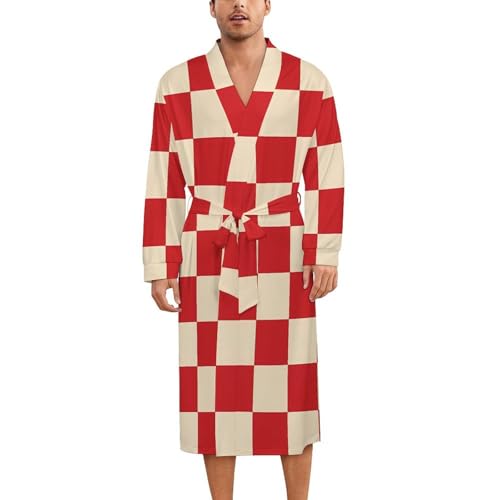 Red And Cream Plaid Checkered Soft Robe Long Sleeve Bathrobes V Neck Sleepwear Spa Robes with Belt Men Woman