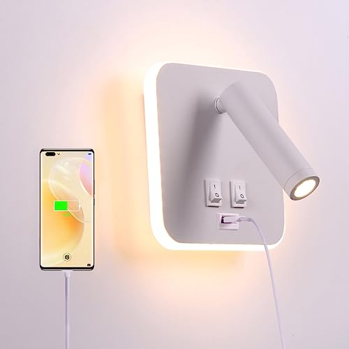 Image of USB Charging Port Wall Wash Light White Bed LED with Interior Wall Adjustable Spotlight Reading lamp Wall lamp Bedroom Indoor Bedside Lamp 3000K (3W + 10W)
