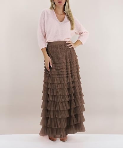 Women's Long Maxi Ruffled Tiered Tulle Skirts Elastic Waist A-Line Layered Mesh Tutu Cake Skirt Petticoat2