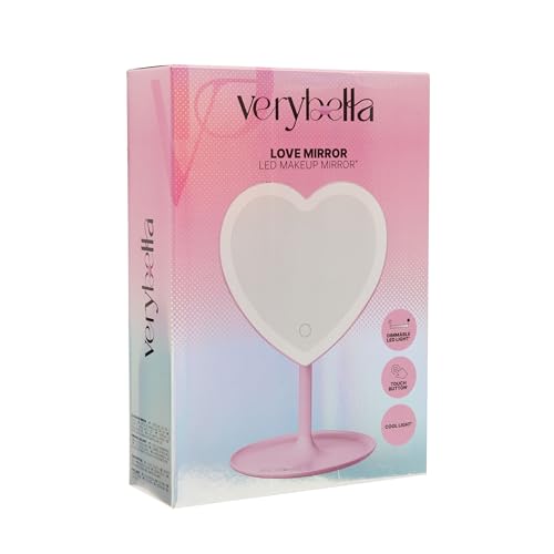 verybella Mirror for Make Up Table Pink Heart Shape Fixed Base In Which You Can Store Accessories Adjustable Led Lights Touch Switch Size 285 x 18 Cm