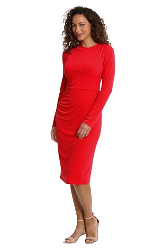 Image of London Times Women's Dresses Draped Neckline Slimming Midi Length Jersey Sheath Dress with