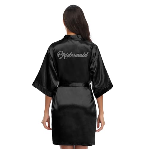 Women's Short Satin Kimono Bride Bridesmaid Robes With Rhinestones - Wedding Getting Ready Bathrobes