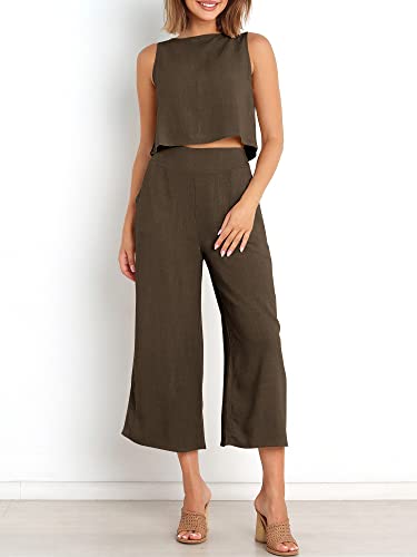 Image of ANRABESS Women's Summer 2 Piece Outfits Sleeveless Tank Crop Button Back Top Cropped Wide Leg Pants Set Pockets