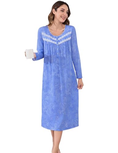 Image of IZZY + TOBY Nightgowns for Women Long Sleeve Soft Cotton Long Warm Nightdress Kintted Night Gown