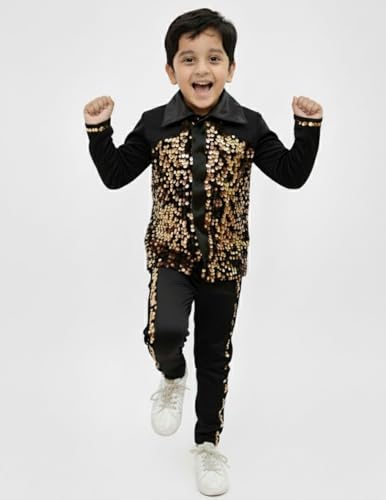 Image of BookMyCostume Western Dance Costume for Boys - Black & Golden Sequin Collared Shirt & Pants Set | Annual Day Dance Dresses & Fancy Dress for Stage Shows & Performances | 4-5 Years
