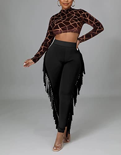Choichic Women's Casual High Waist Fringed Pants With Elastic Waist - Bodycon Tassels Side Long Jogger Sweatpant2