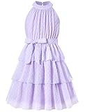 Move Dance Girls Halter Neck Dress Purple Summer Flared Midi A-Line Sundress Swiss Dot Sleeveless Casual Layered Chiffon Dresses with Belt 8-9 Years Old