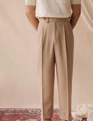 Men's Cotton Gurkha Pleated Bussiness Pants Slim Fit Dress Pants Button Zipper Suit Pants4