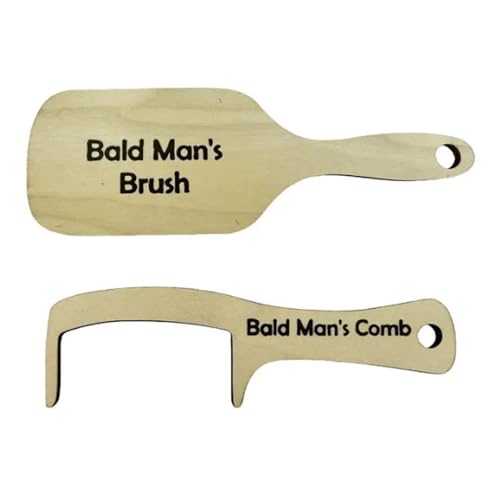 Bald Man Comb and Brush Set - Funny Wooden Hairbrush for Hairless Men With Sparse Hair - 2 Pieces Gag Gift (19.5/17cm)