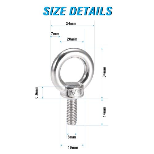 Ringschraube M8, 6 Stücke 304 Edelstahl Ösenschrauben, Augenschraube Ring Runde, Augenbolzen Runde Ringbolzen, Außengewinde-Ringschraube Hardware Ringschrauben für Rolle des Befestigens und Hängens